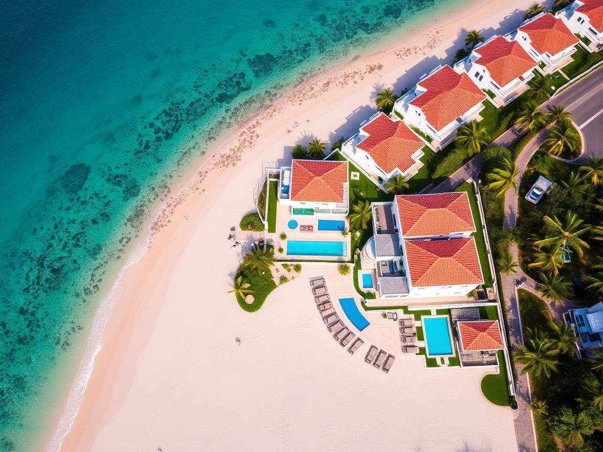 Aerial of beachfront villa community